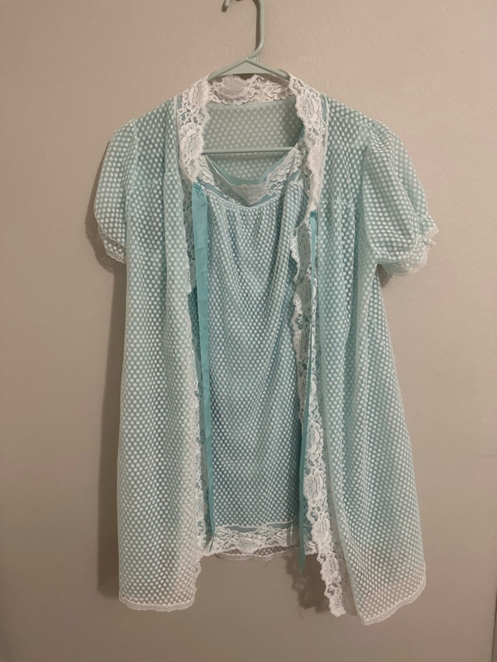 Light blue & White Lace Sheer Robe and Nightgown polka dot Set
